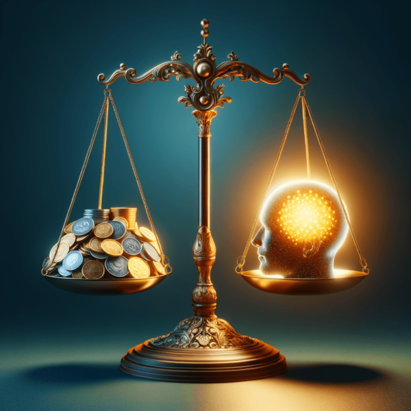 A balanced scale with money on one side and a peaceful mind on the other, symbolizing financial mindfulness