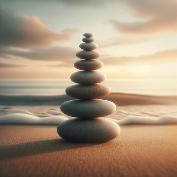 Balanced stones on a beach for emotional wellbeing through hypnosis