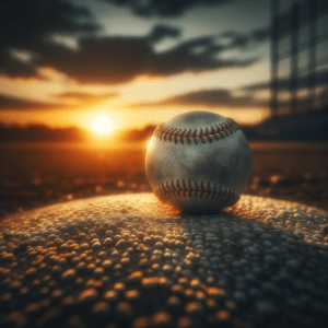 A baseball on a pitcher's mound at sunset, symbolizing focus and determination.