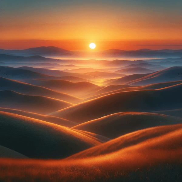 A bright sunrise over soft rolling hills signifying a new beginning of focus and tranquility for children