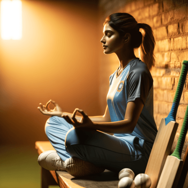 Cricketer thoughtfully preparing for a match with serene focus.