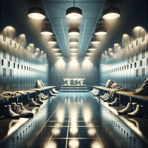 A tranquil scene of an empty locker room before a wrestling match