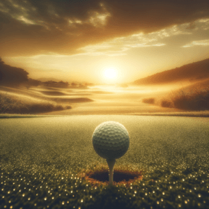 A golfer calmly preparing to swing on a beautiful, serene golf course.