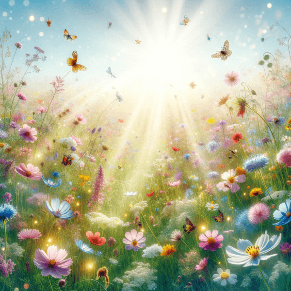 A serene meadow abundant with vibrant insects fluttering peacefully