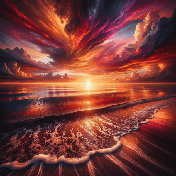 Serene waves lapping against the shore during a vibrant sunset, symbolizing peace and tranquility.