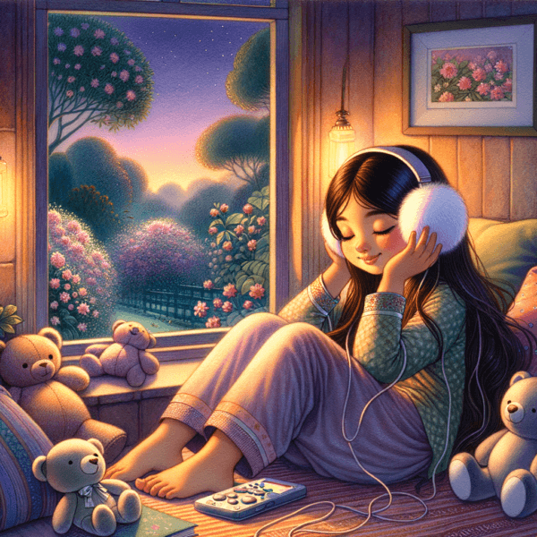 child comfortably listening to audio with cozy headphones in a tranquil setting