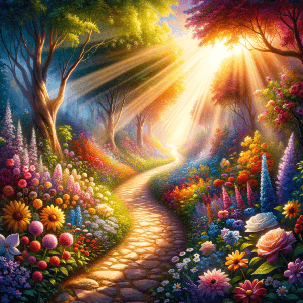 Sunlit path through a vibrant garden leading to a bright horizon
