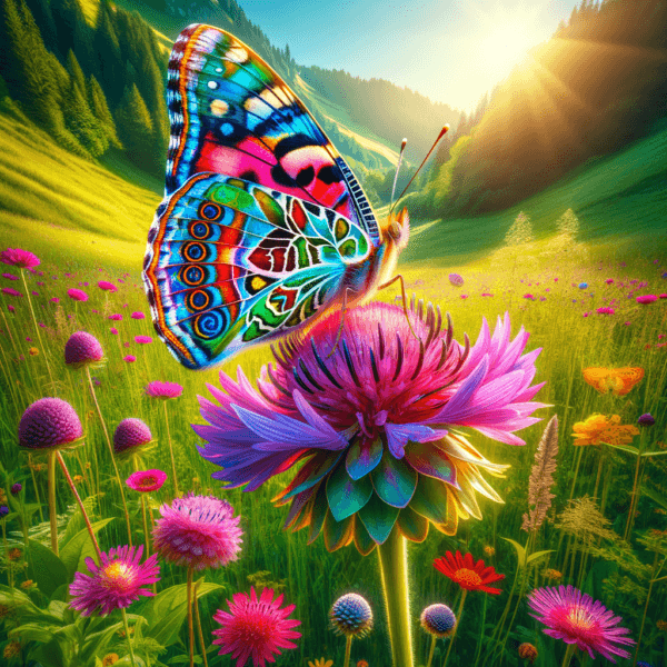 A beautiful butterfly perched on a bright wildflower in a meadow