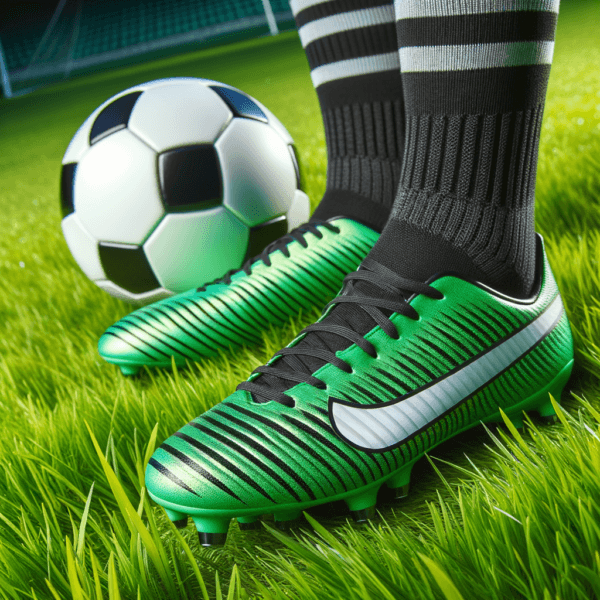 Soccer cleats and ball on lush green grass