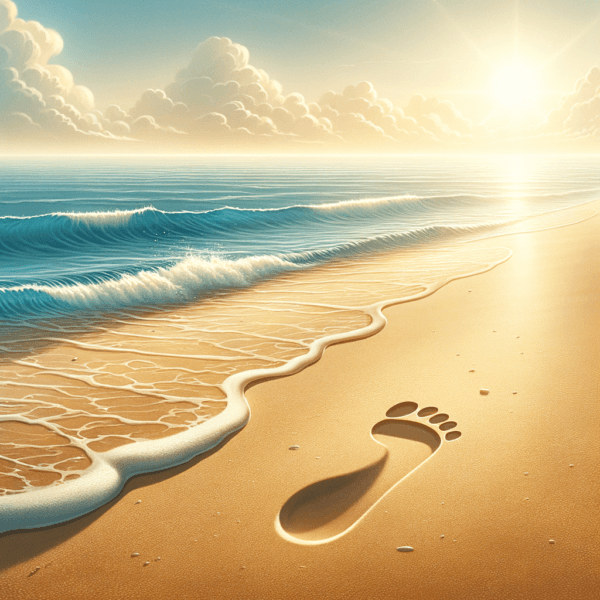 A single, confident step on a sandy beach