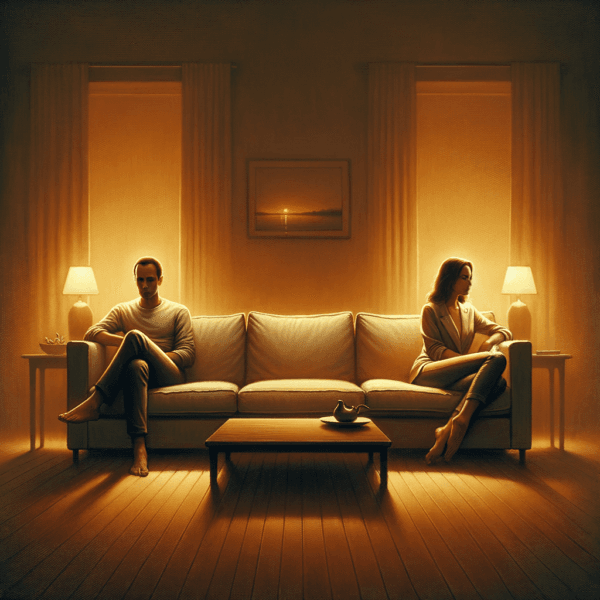Estranged couple sitting separately in a living room