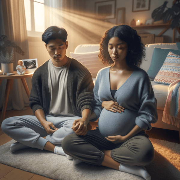 Couples practicing prenatal hypnosis in home setting