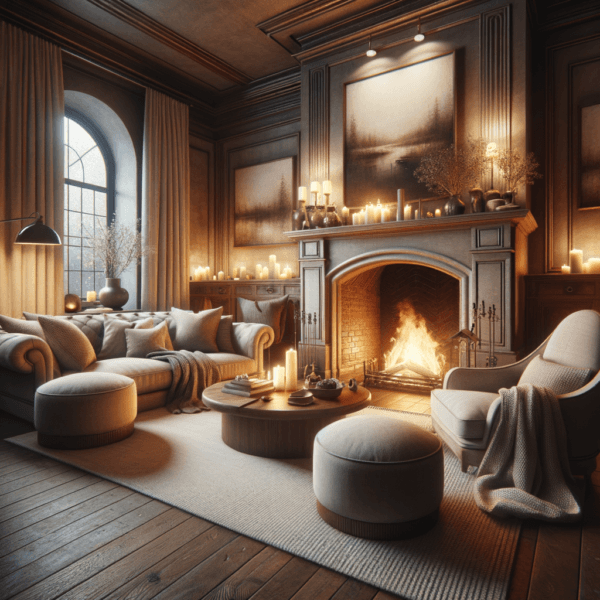 Warm, inviting fireplace with comfortable seating and a view of crackling logs