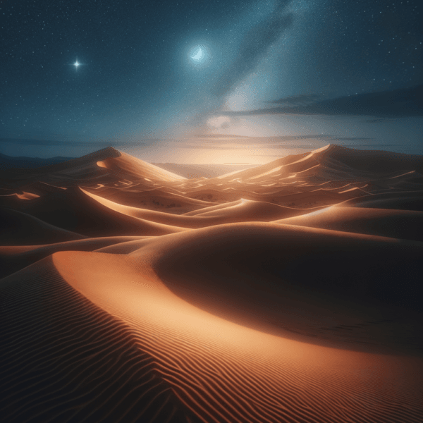 A serene desert night with stars glowing gently above