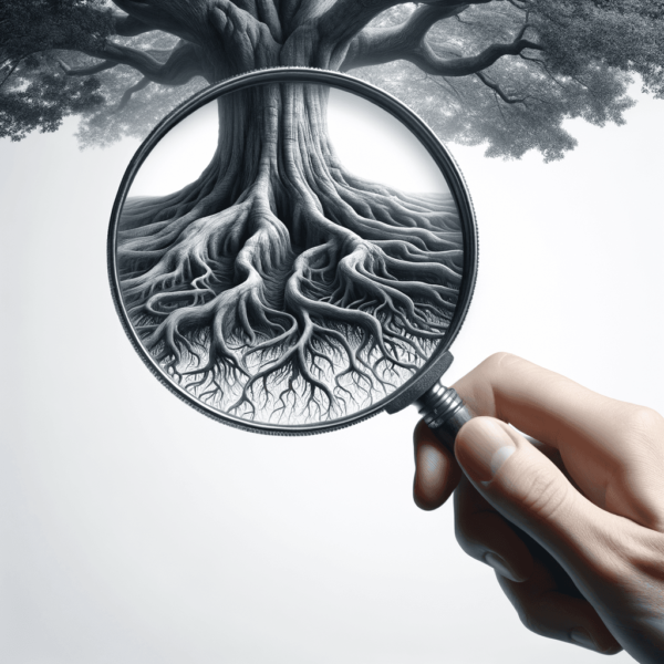 Magnifying glass highlighting the roots of a tree symbolizing uncovering the causes of anger.