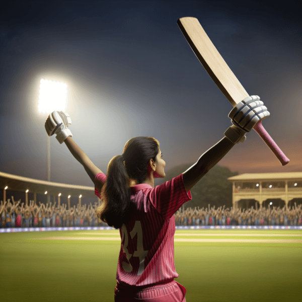 Cricketer celebrating a significant victory with arms raised high