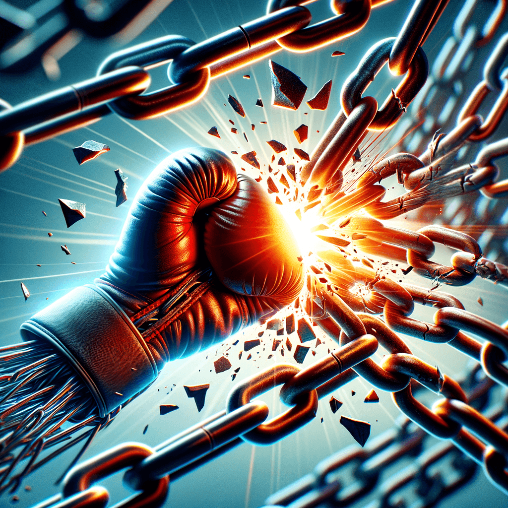 Metaphorical chains breaking with a fierce boxing glove