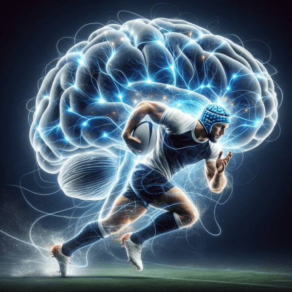 Visualization of a rugby player’s enhanced focus represented by an abstract brain overlay.