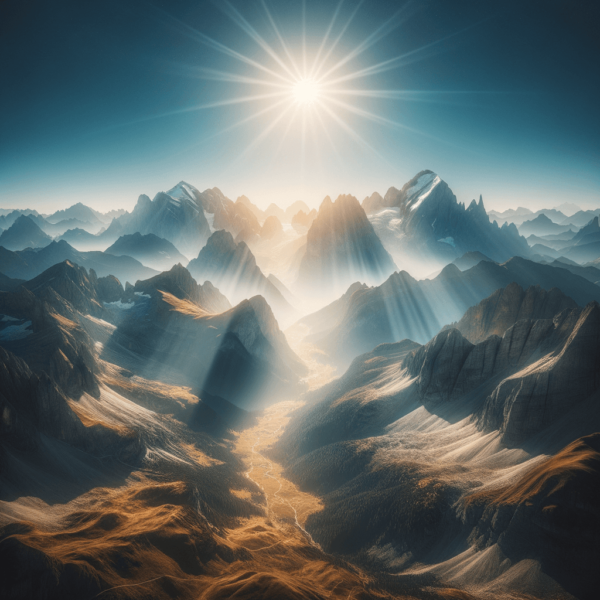 A sunlit mountain landscape, representing empowerment and liberation