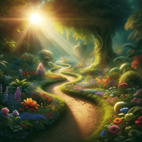 A winding pathway through a lush, green enchanted garden with vibrant flowers and gentle sunlight.