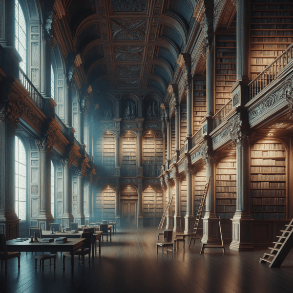 A tranquil and majestic library interior filled with books and soft lighting