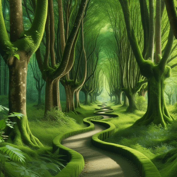 Serene forest pathway surrounded by lush greenery