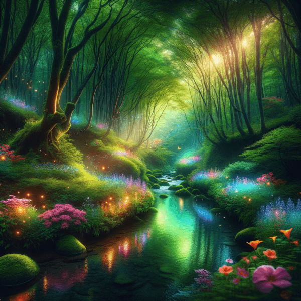 Whimsical forest with gentle streams and colorful flowers
