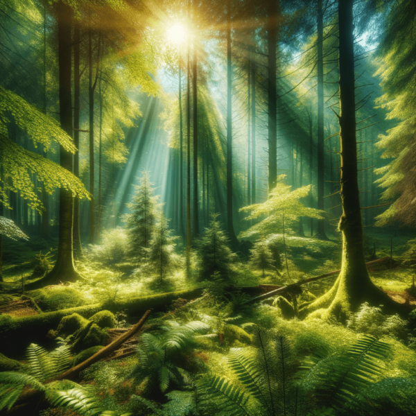 Lush green forest with sunlight filtering through, representing growth and renewal