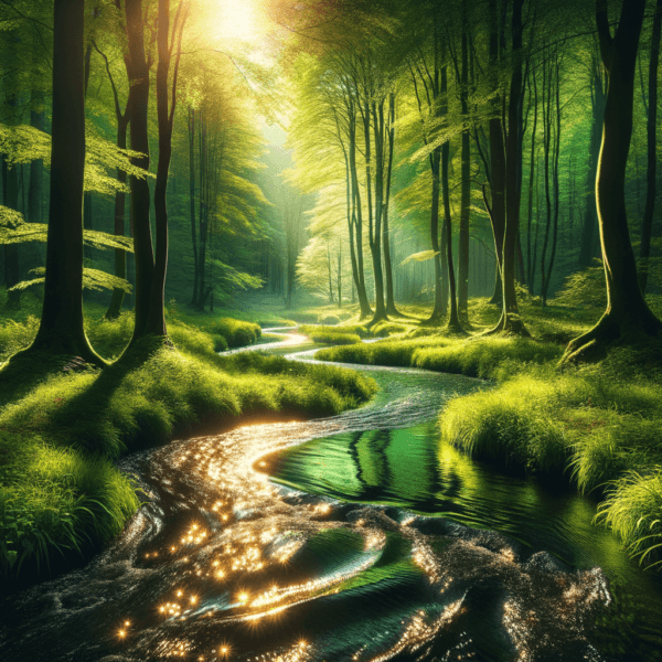 A tranquil stream flowing through a forest