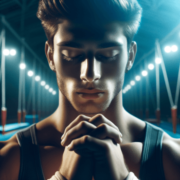 Gymnast concentrating before beginning a gymnastics routine
