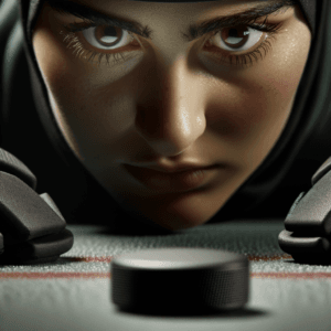 Close-up of a hockey player intensely focused on a puck