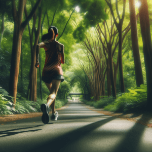 Runner intensely focused while running through a forest