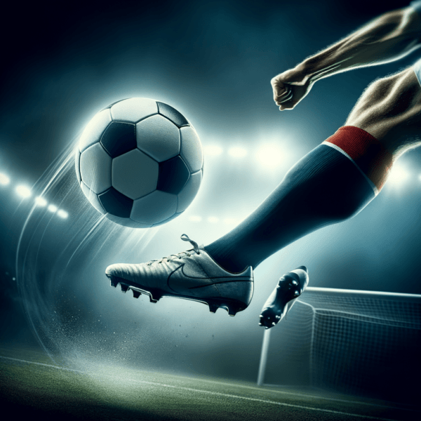 Soccer player intensely focused mid-kick on the field