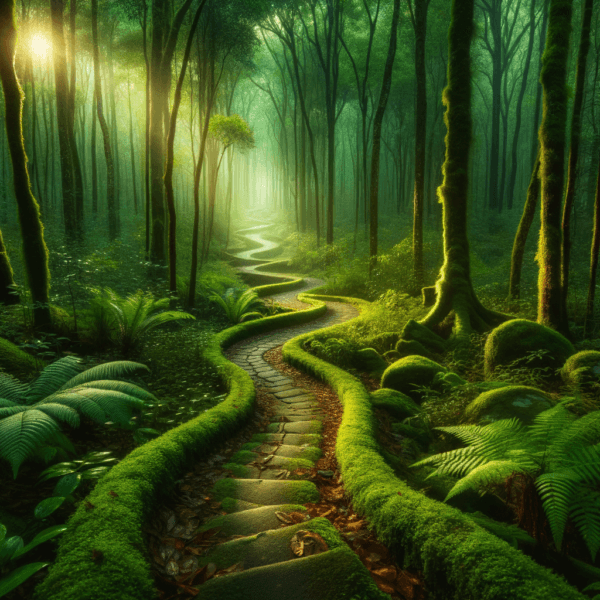 A winding path through a peaceful, green landscape symbolizing a wrestler’s journey