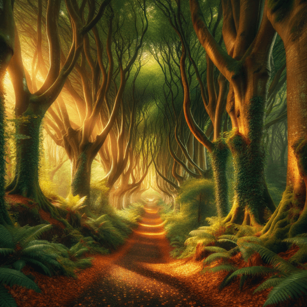 Sunlit forest pathway surrounded by lush greenery