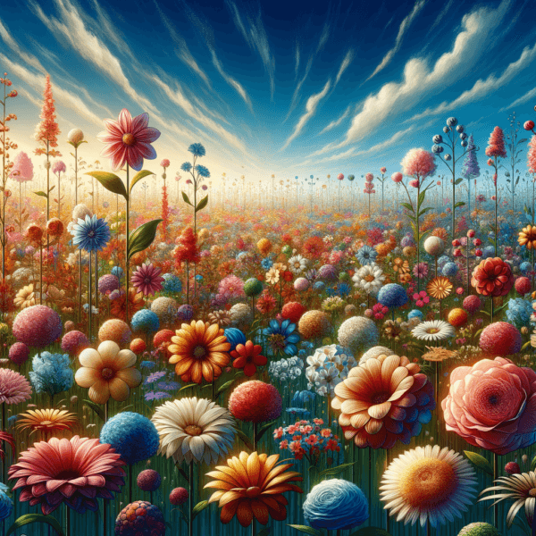 Vibrant garden with blossoming flowers under a crystal blue sky