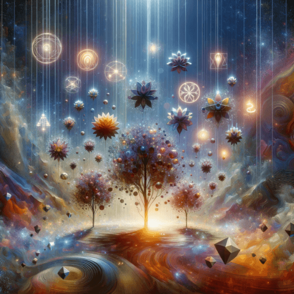 An abstract representation of ideas growing like plants in a mystical garden setting.