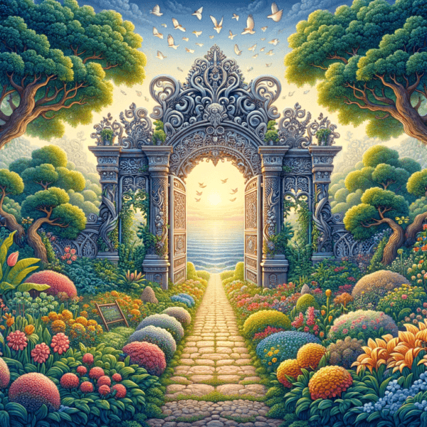 An inviting gateway leading to a peaceful garden symbolizing the start of trust