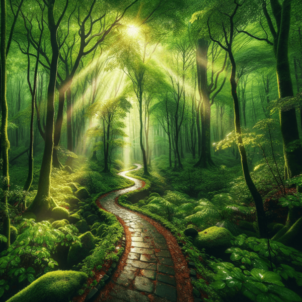 A tranquil path winding through a lush forest, embodying the journey towards self-discovery and understanding.