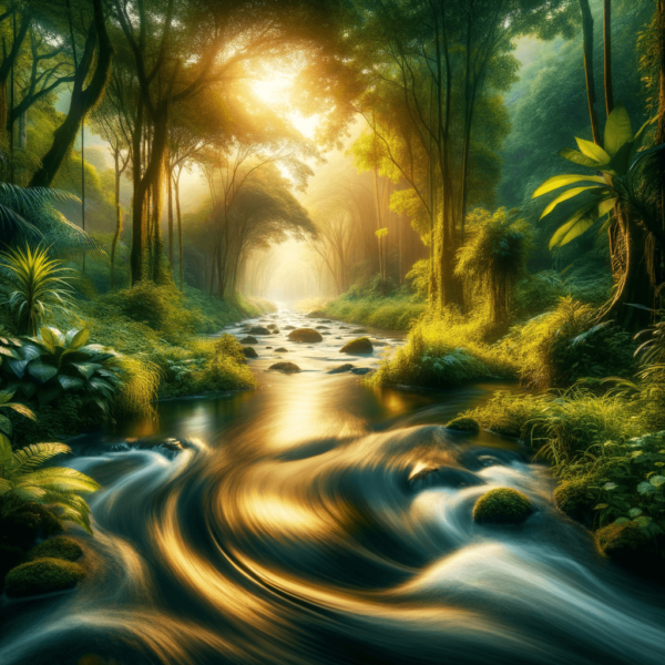 A tranquil river scene with gentle water flow amidst lush greenery