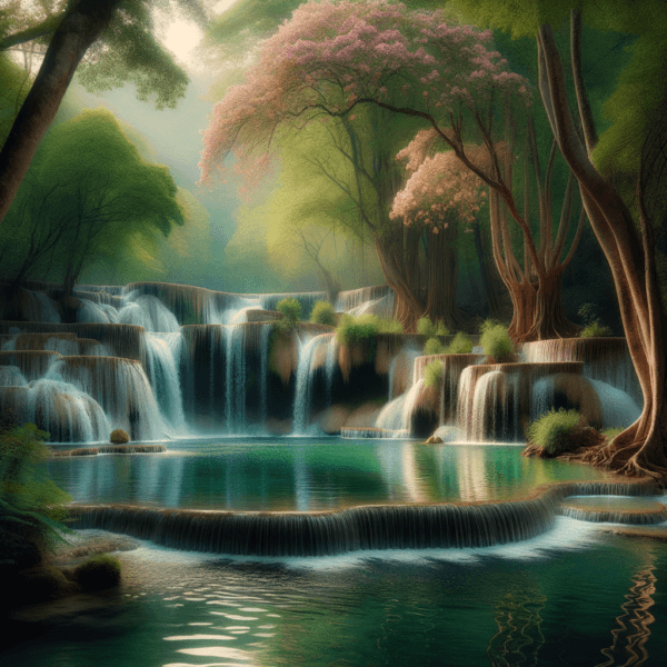 A gentle waterfall surrounded by blossoming trees