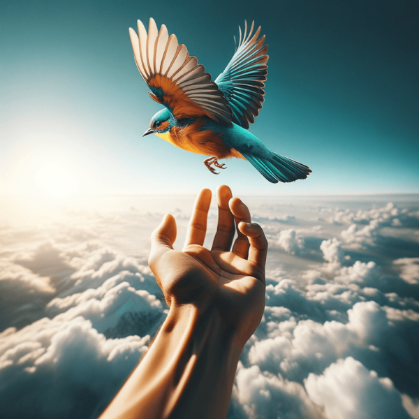 An open hand releasing a small bird into the sky, symbolizing freedom