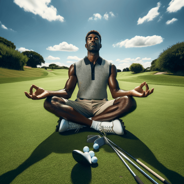 A golfer quietly meditating on the green with eyes closed and relaxed posture