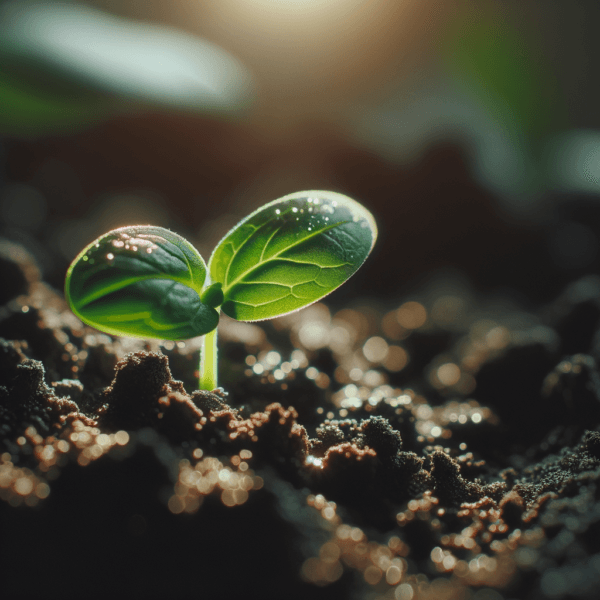 A small seedling reaching upwards for sunlight in rich soil.