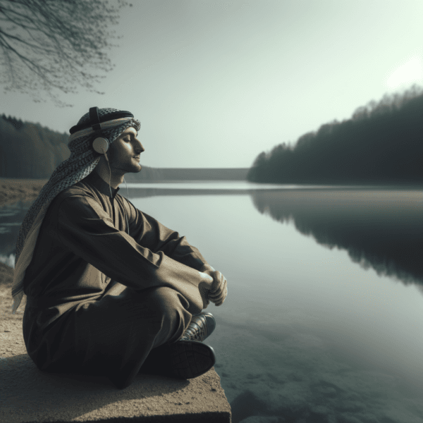 Person sitting peacefully by a calm water body with earbuds in