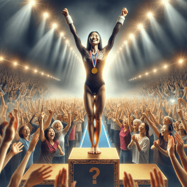 Gymnast celebrating a victory on the podium