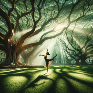 Gymnast performing gracefully in a tranquil park setting