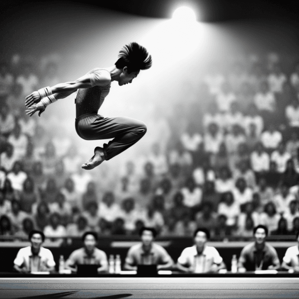 Gymnast performing an impressive mid-air leap