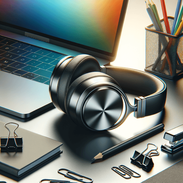 Headphones and laptop on desk for hypnosis audio experience