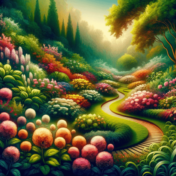 Lush garden with colorful blooming flowers and a peaceful pathway